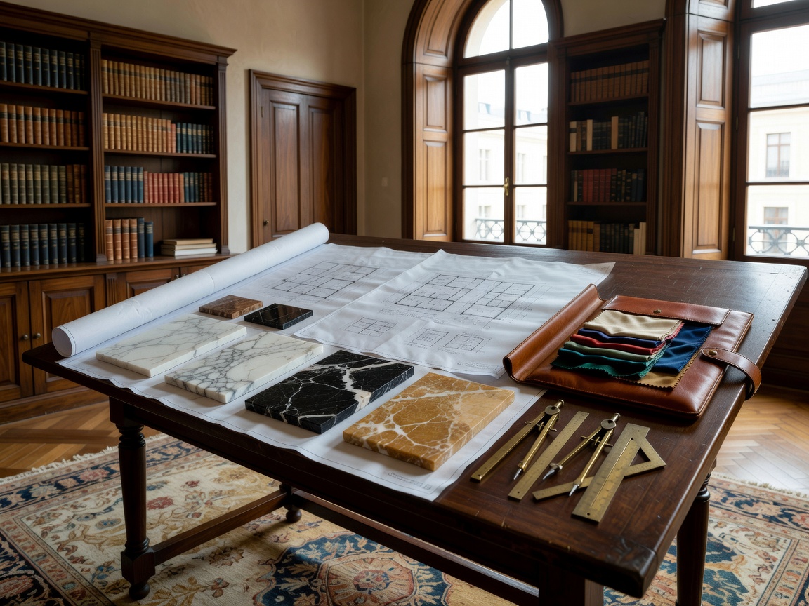 Elite European interior design workspace showing marble samples and drafting plans