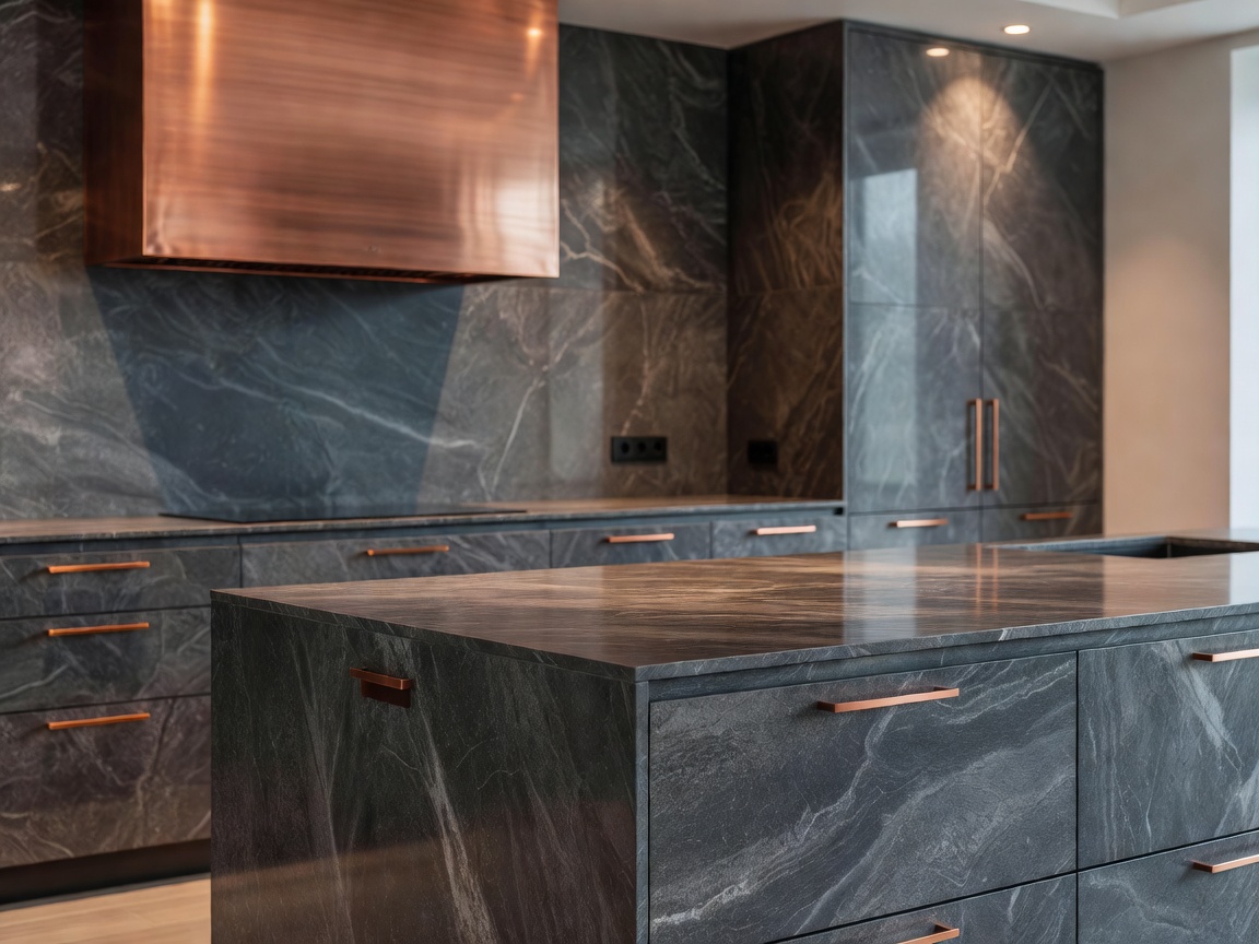 JT Grupa architectural copper details and stone kitchen