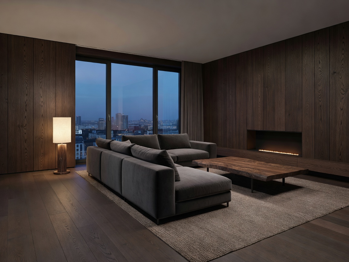 Mokotowska Penthouse living room design with smoked oak details