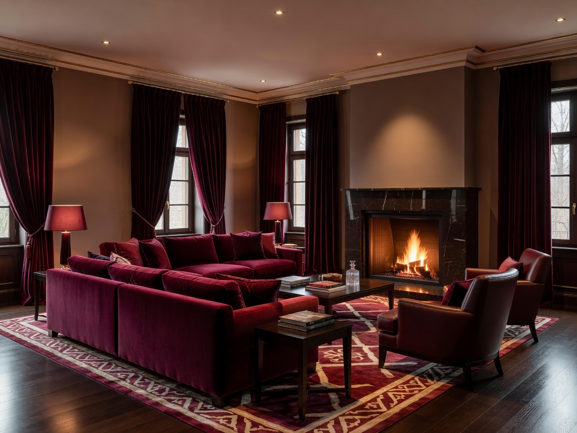 Villa Konstancin luxury family room styling with warm burgundy tones